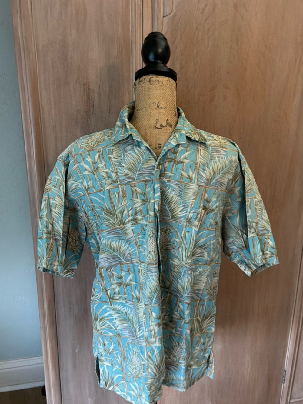 Vintage Hawaiian Men’s Green Bamboo Blue Hawaiian Shirt Cotton Aloha Button M